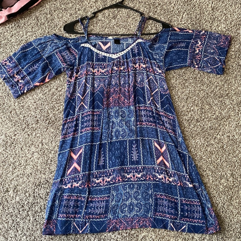 Blue and Pink Patterned Loose Short Dress